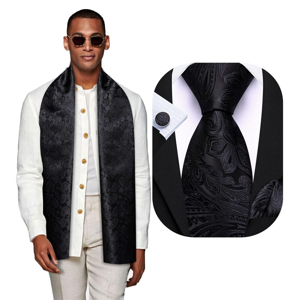9125 Black Scarf and Tie Paisley Silk Necktie Pocket Square Cufflinks Set